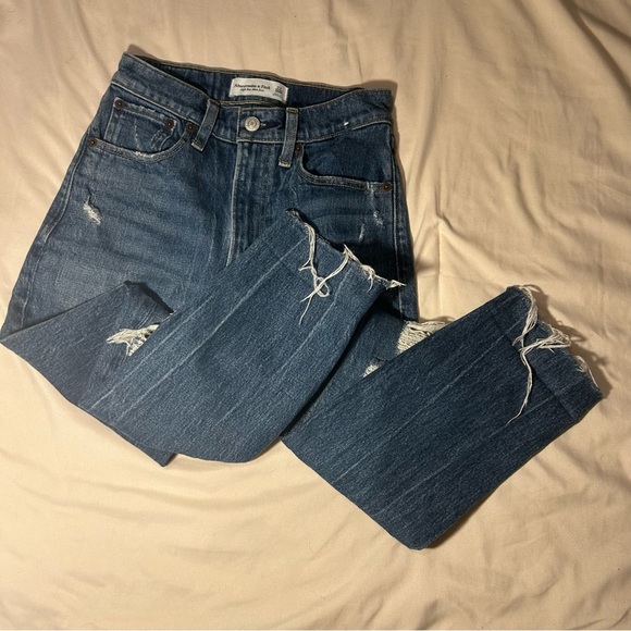 Abercrombie & Fitch High Rise Mom Jeans Women’s 23 Distressed Blue Denim - Picture 3 of 16